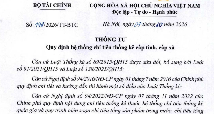 Thông tư 148/2026/TT-BTC về hệ thống chỉ tiêu thống kê cấp tỉnh, cấp xã