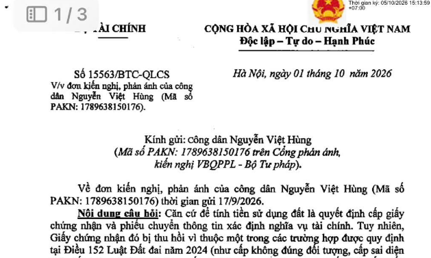Công văn 15563/BTC-QLCS hướng dẫn tính tiền sử dụng đất khi sổ đỏ bị hủy, thu hồi
