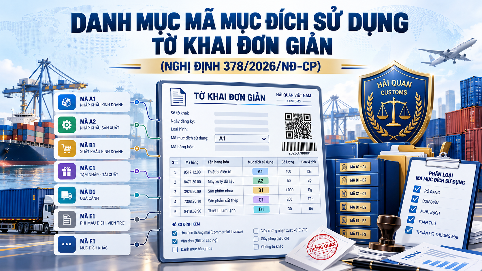 Danh mục mã mục đích sử dụng tờ khai đơn giản theo Nghị định 378/2026/NĐ-CP ra sao?