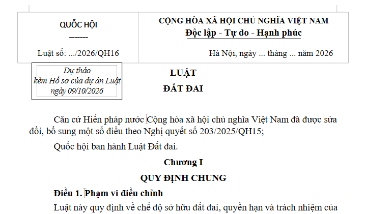 Dự thảo Luật Đất đai 2026 (dự thảo ngày 09/10/2026)