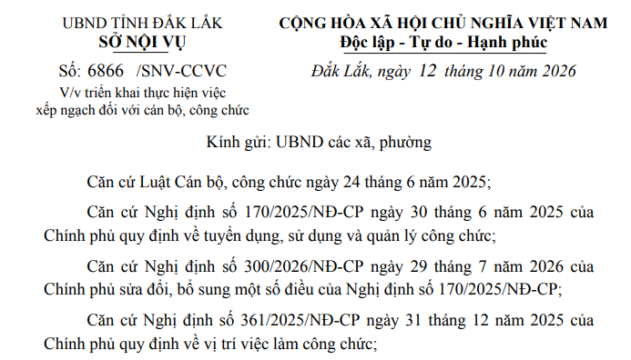 Công văn 6866/SNV-CCVC triển khai xếp ngạch đối với cán bộ công chức tại Đắk Lắk