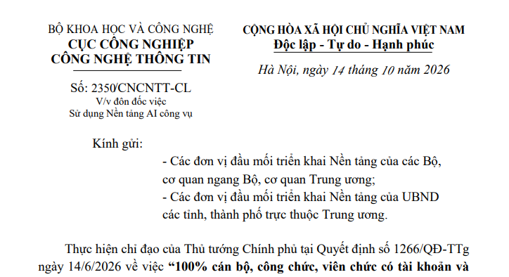 Công văn 2350/CNCNTT-CL 2026 đôn đốc sử dụng Nền tảng AI công vụ