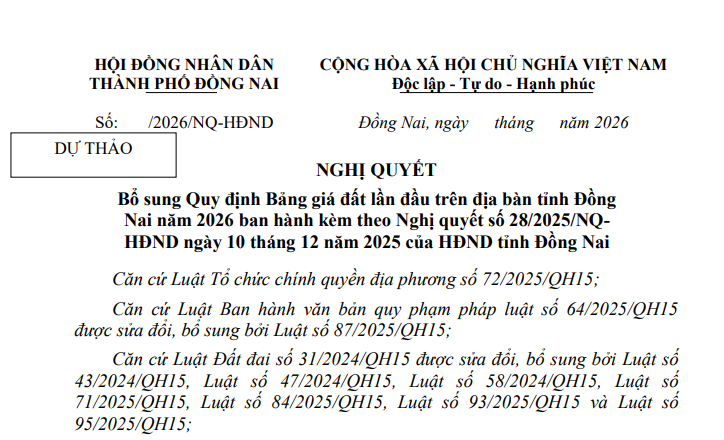 Dự thảo Bảng giá đất Đồng Nai năm 2026 (bổ sung)