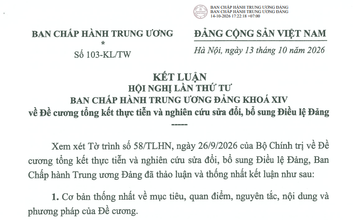 Kết luận 103-KL/TW về nghiên cứu sửa đổi bổ sung Điều lệ Đảng