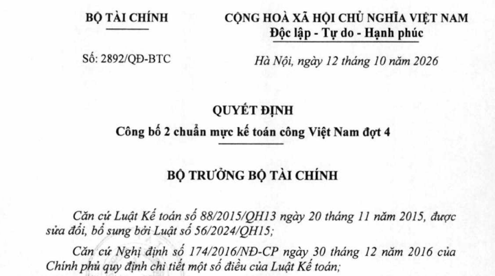 Quyết định 2892/QĐ-BTC công bố 2 chuẩn mực kế toán công Việt Nam đợt 4