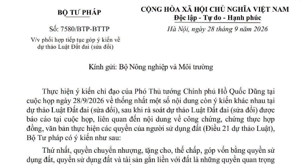 Công văn 7580/BTP-BTTP về góp ý dự thảo Luật Đất đai (sửa đổi) ra sao