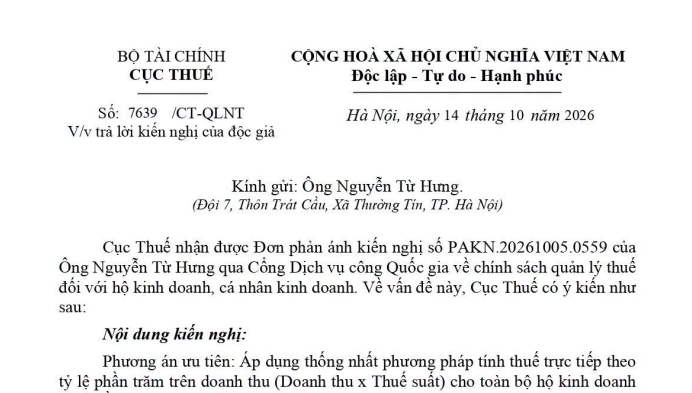 Công văn 7639/CT-QLNT hướng dẫn phương pháp tính thuế với hộ kinh doanh