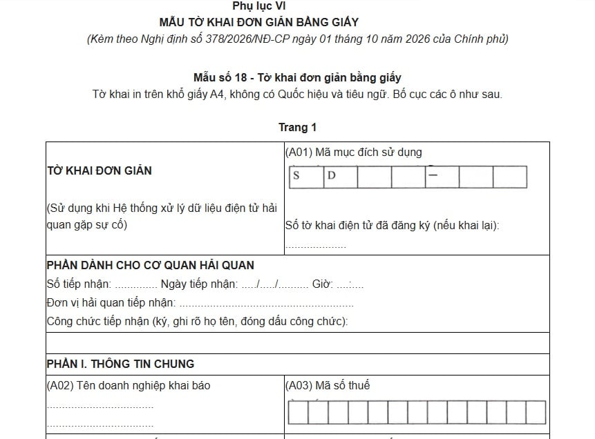 Mẫu tờ khai đơn giản bằng giấy theo Nghị định 378/2026/NĐ-CP ra sao?