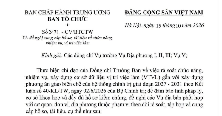 Công văn 2471-CV/BTCTW đề nghị cung cấp hồ sơ chức năng và vị trí việc làm