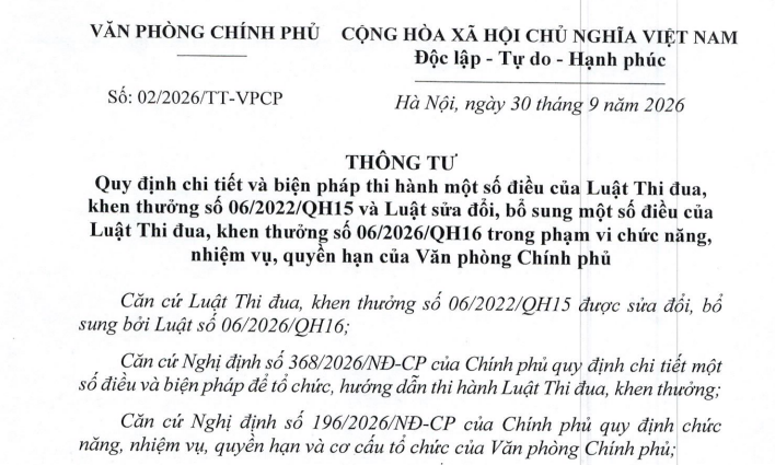 Thông tư 02/2026/TT-VPCP hướng dẫn Luật Thi đua khen thưởng