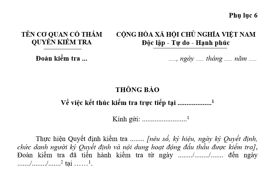 Mẫu Thông báo kết thúc kiểm tra trực tiếp trong đấu thầu (Phụ lục 6 Thông tư 134/2026/TT-BTC)
