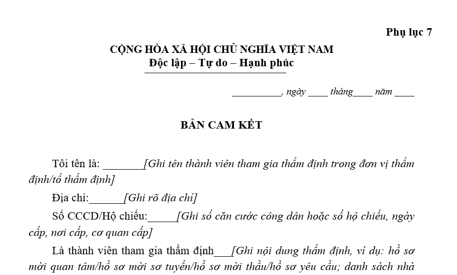 Mẫu bản cam kết trong đấu thầu (Phụ lục 7 Thông tư 134/2026/TT-BTC)