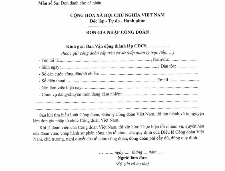 Mẫu số 5a Đơn gia nhập Công đoàn dành cho cá nhân theo Hướng dẫn 06/HD-TLĐ ra sao?