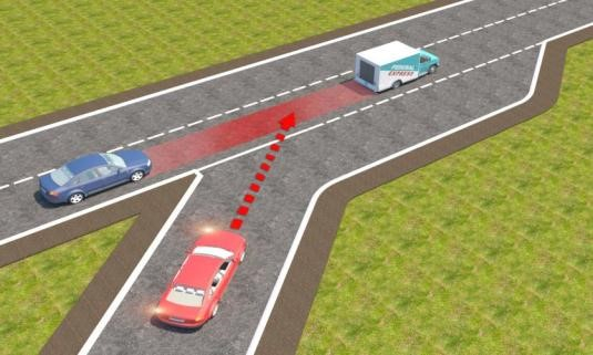 Trong tình huống dưới đây, xe con màu đỏ nhập làn đường cao tốc theo hướng mũi tên là đúng hay sai?